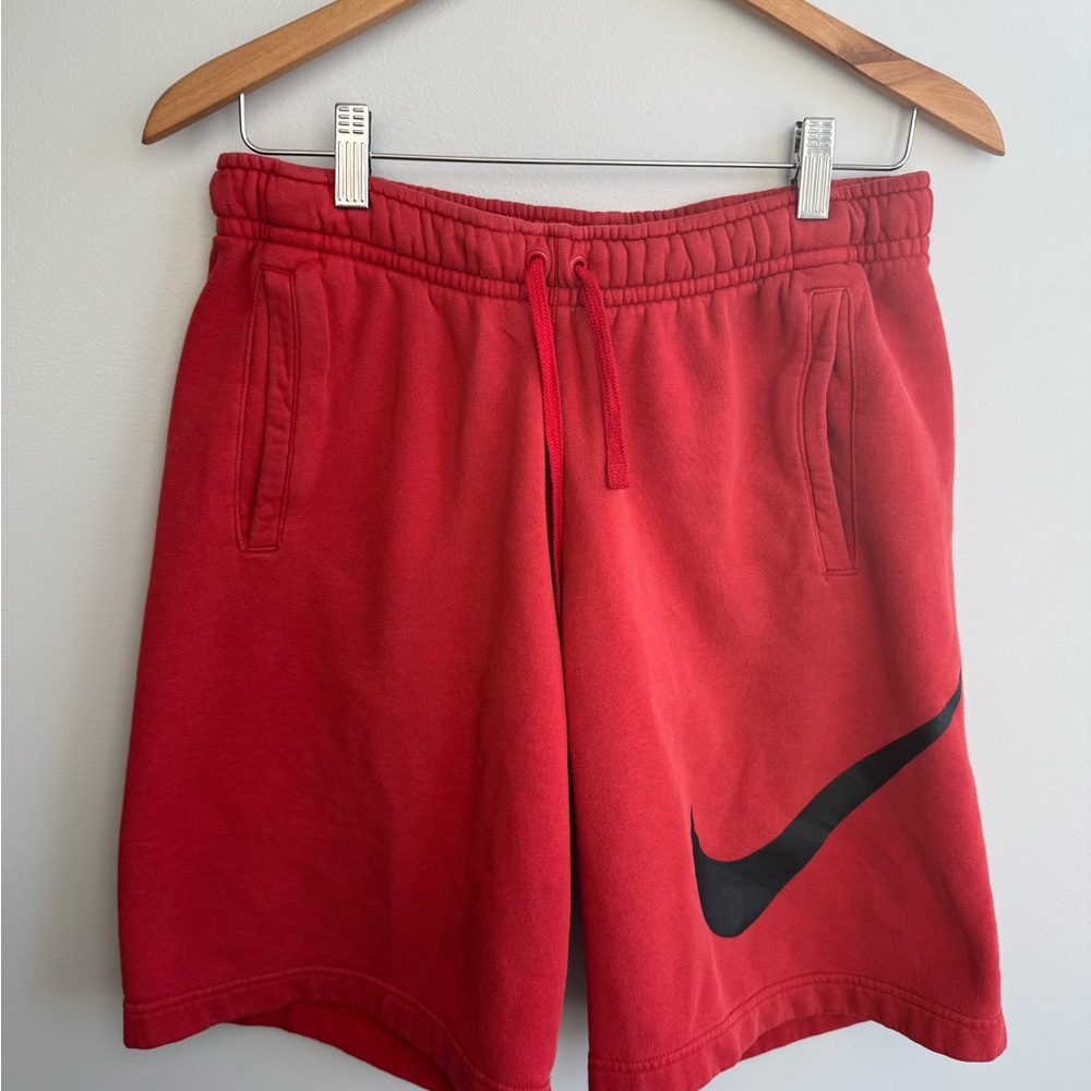 Nike Men's Athletic Red Shorts with Black Swoosh